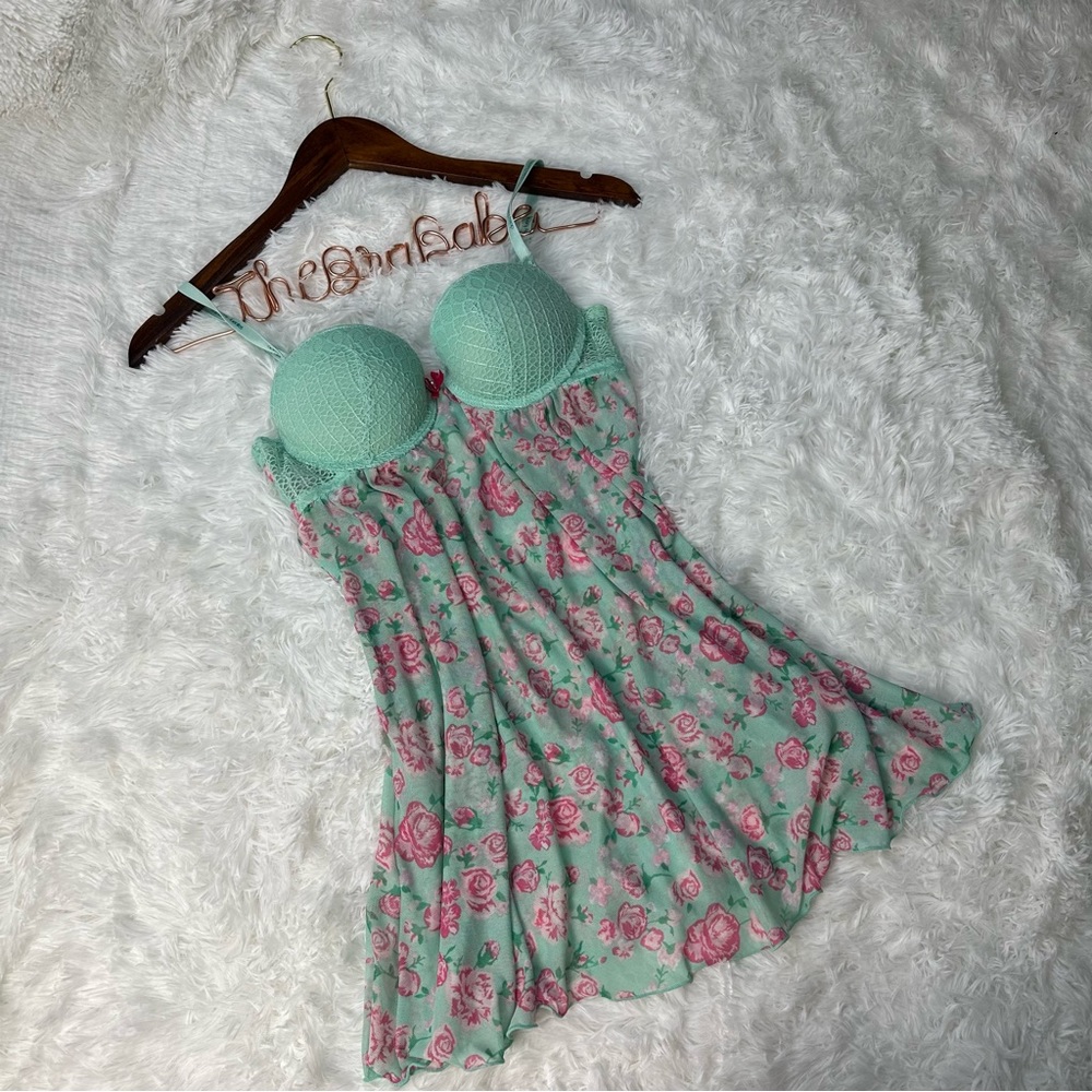 Daisy Fuentes Floral Lace Mesh Bustier Chemise Gown Green Sweetheart Neck S